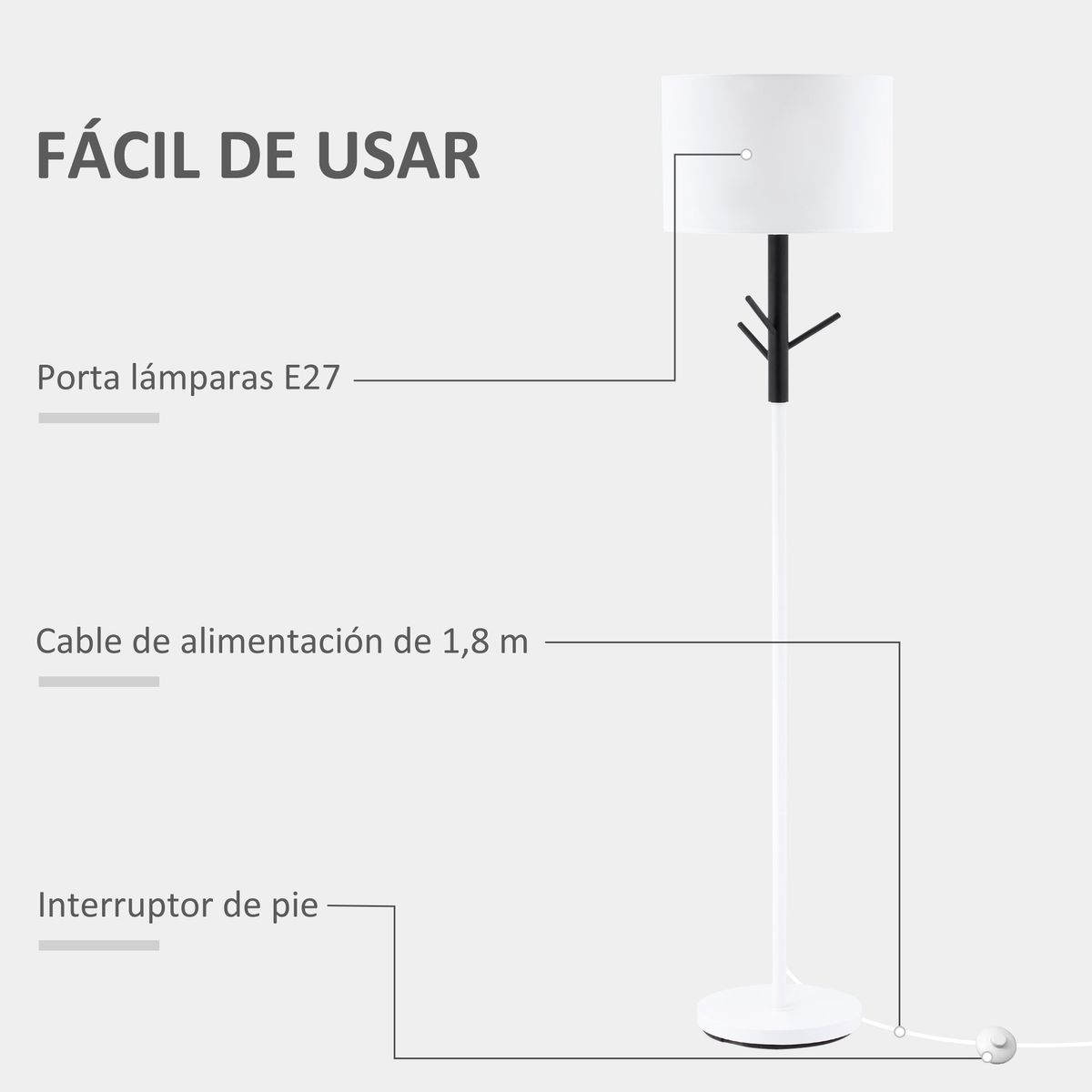 Lámpara de pie Polonia Homcom 3 ganchos blanco Ø38x158 cm