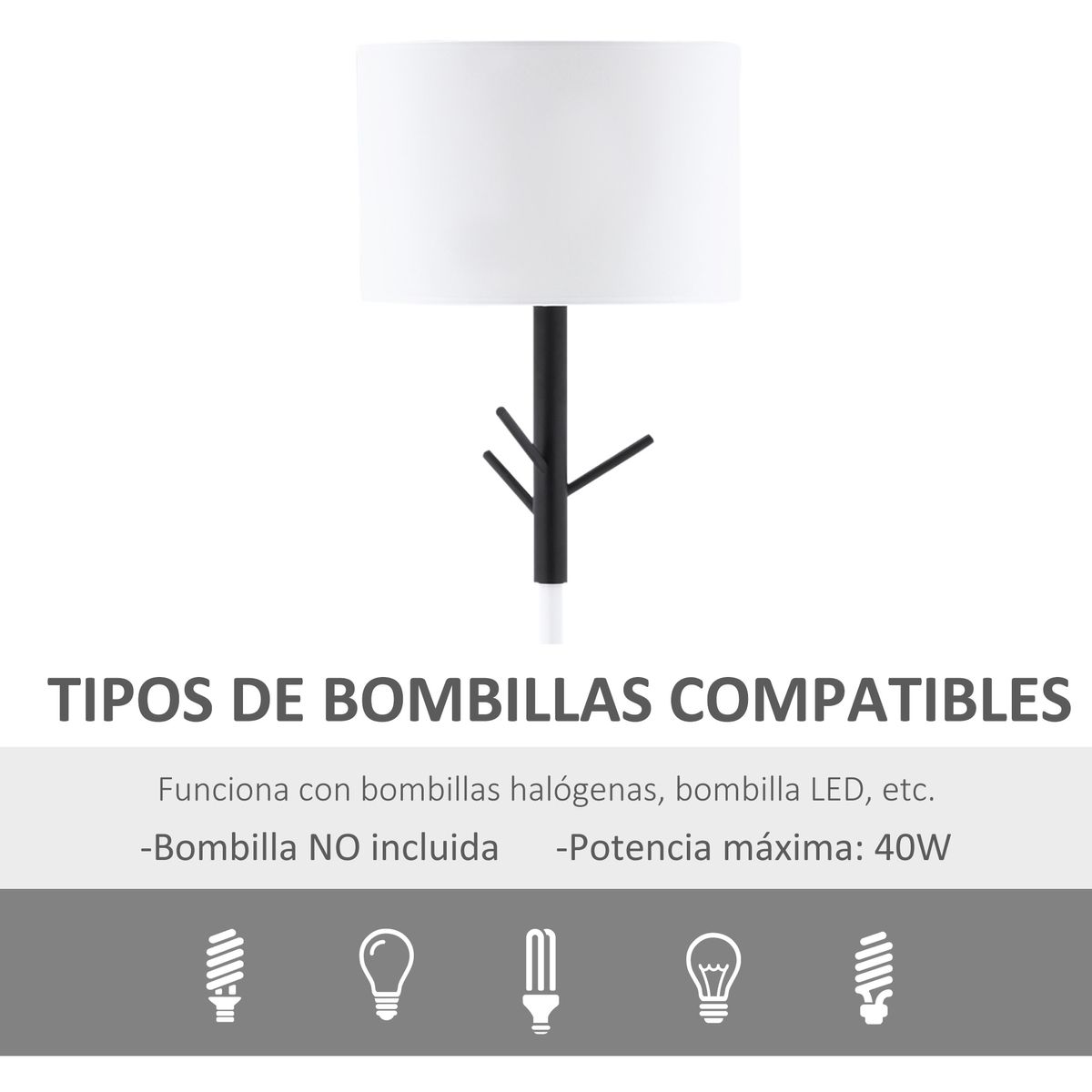 Lámpara de pie Polonia Homcom 3 ganchos blanco Ø38x158 cm