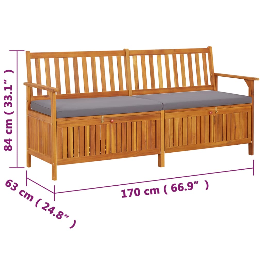 Banco de almacenaje Lax con cojín madera de acacia 84x170x63 cm medidas