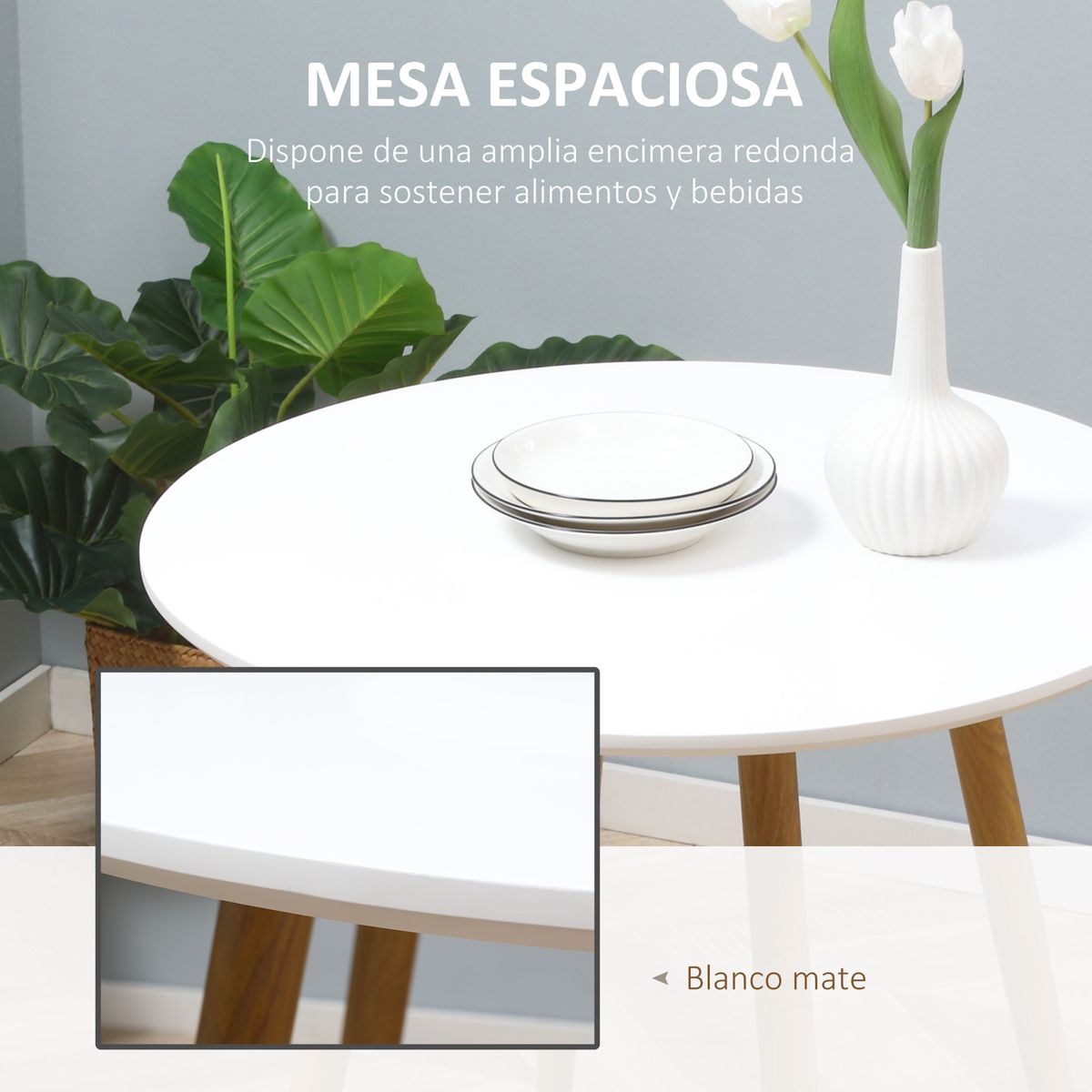 Mesa de comedor Branke Homcom 2 personas blanco Ø72x75 cm detalle