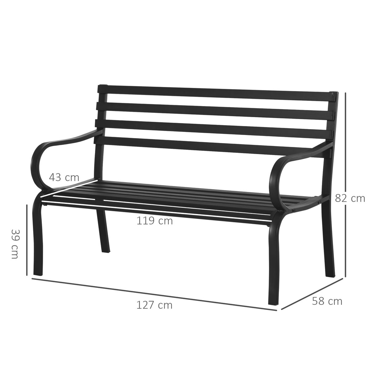 Banco de jardín Lago Outsunny 2 plazas 240kg negro 82x127x58 cm medidas