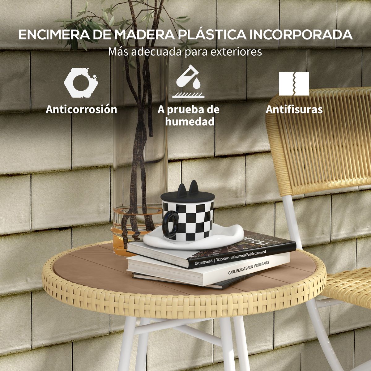 Mesa auxiliar Neri Outsunny para exterior natural 55x50x50 cm