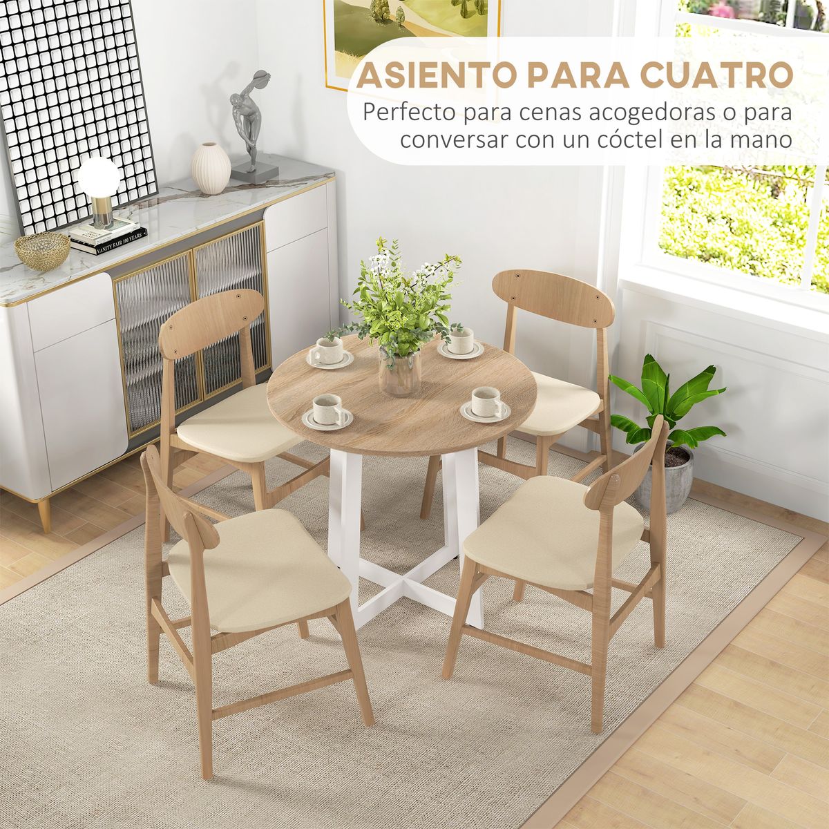 Mesa de comedor Vikk Homcom 4 personas roble/blanco Ø80x75 cm animada