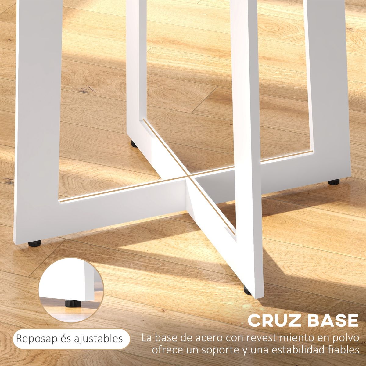 Mesa de comedor Vikk Homcom 4 personas roble/blanco Ø80x75 cm detalle