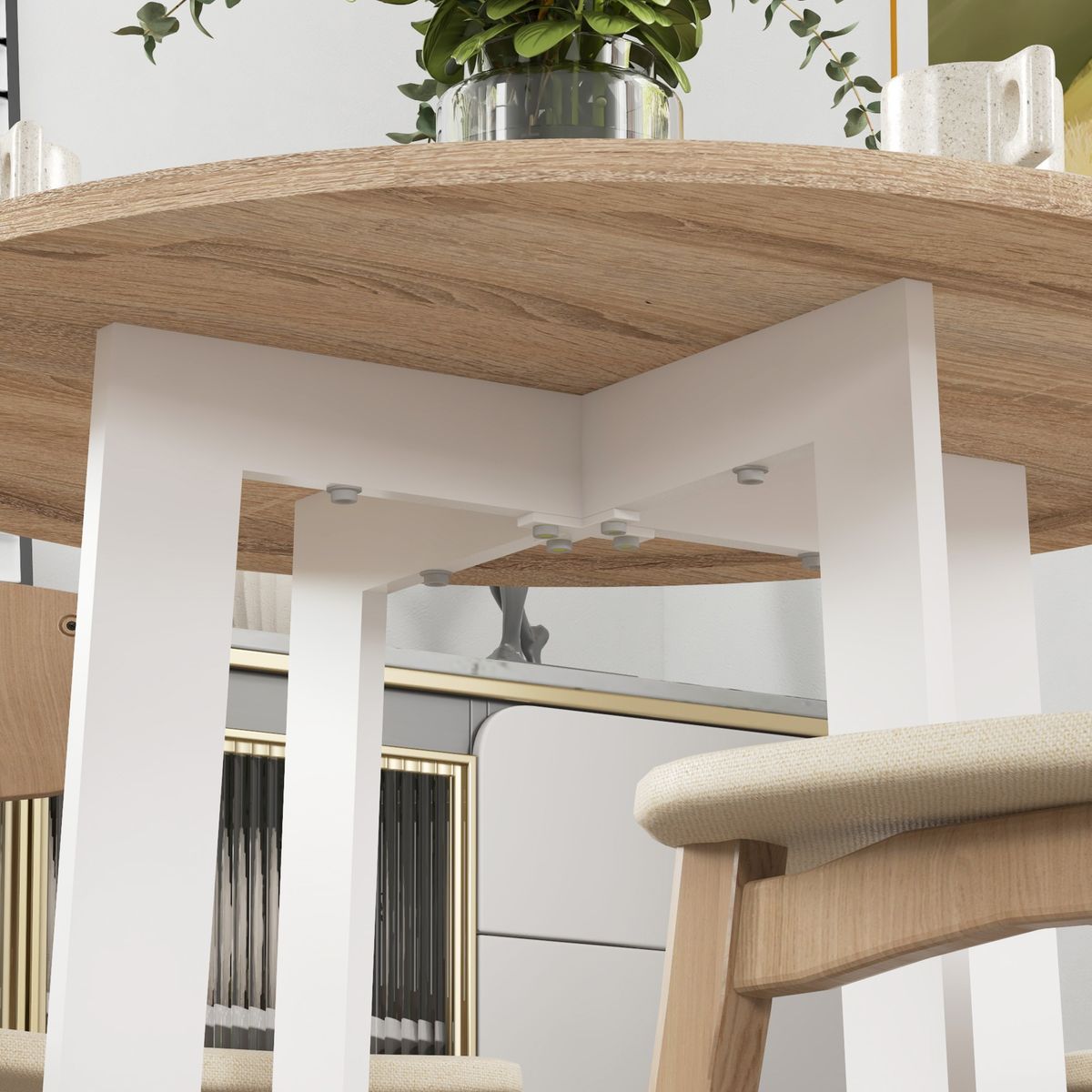 Mesa de comedor Vikk Homcom 4 personas roble/blanco Ø80x75 cm detalle