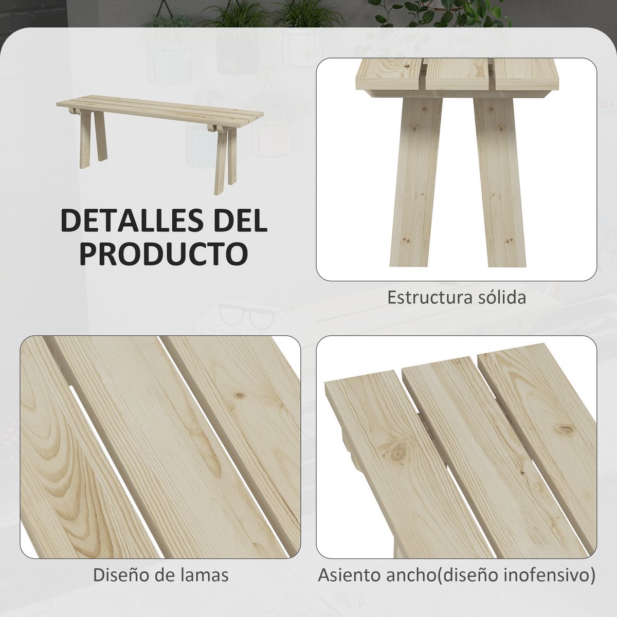 Banco de jardín Matine Outsunny 2 plazas 220kg natural 45x130x38 cm web