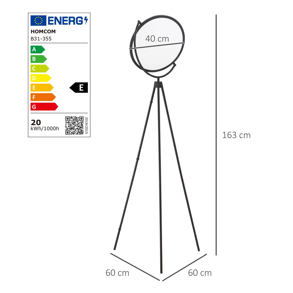 Lámpara de pie Blues Homcom 20W pantalla giratoria negro 163x60x60 cm medidas