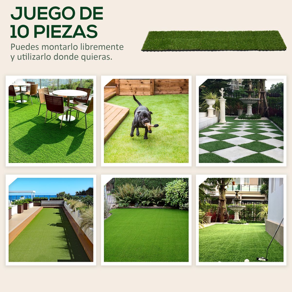 Pack de 10 piezas de césped artificial Outsunny 25 mm verde 30x30 cm
