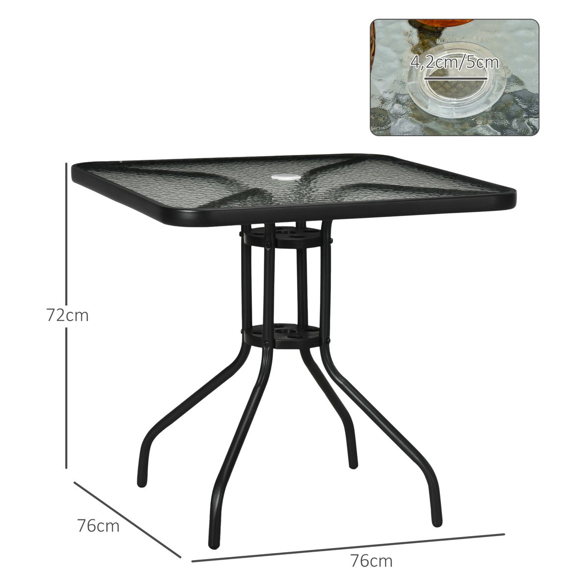 Mesa de jardín Leno Outsunny con agujero para sombrilla negro 72x76x76 cm medidas