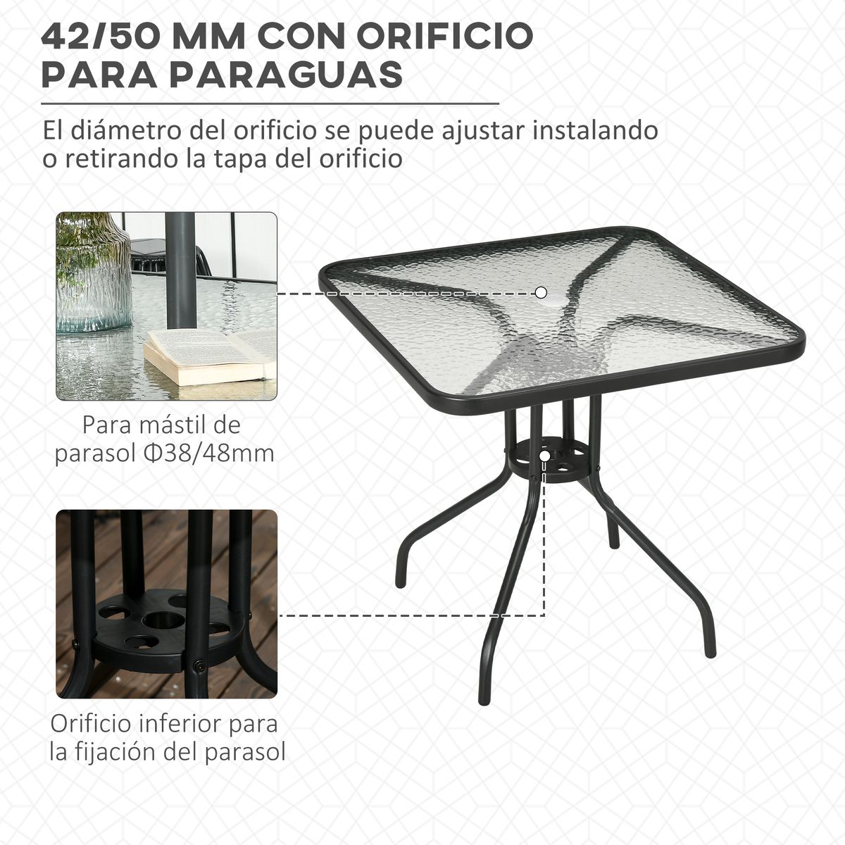 Mesa de jardín Leno Outsunny con agujero para sombrilla negro 72x76x76 cm