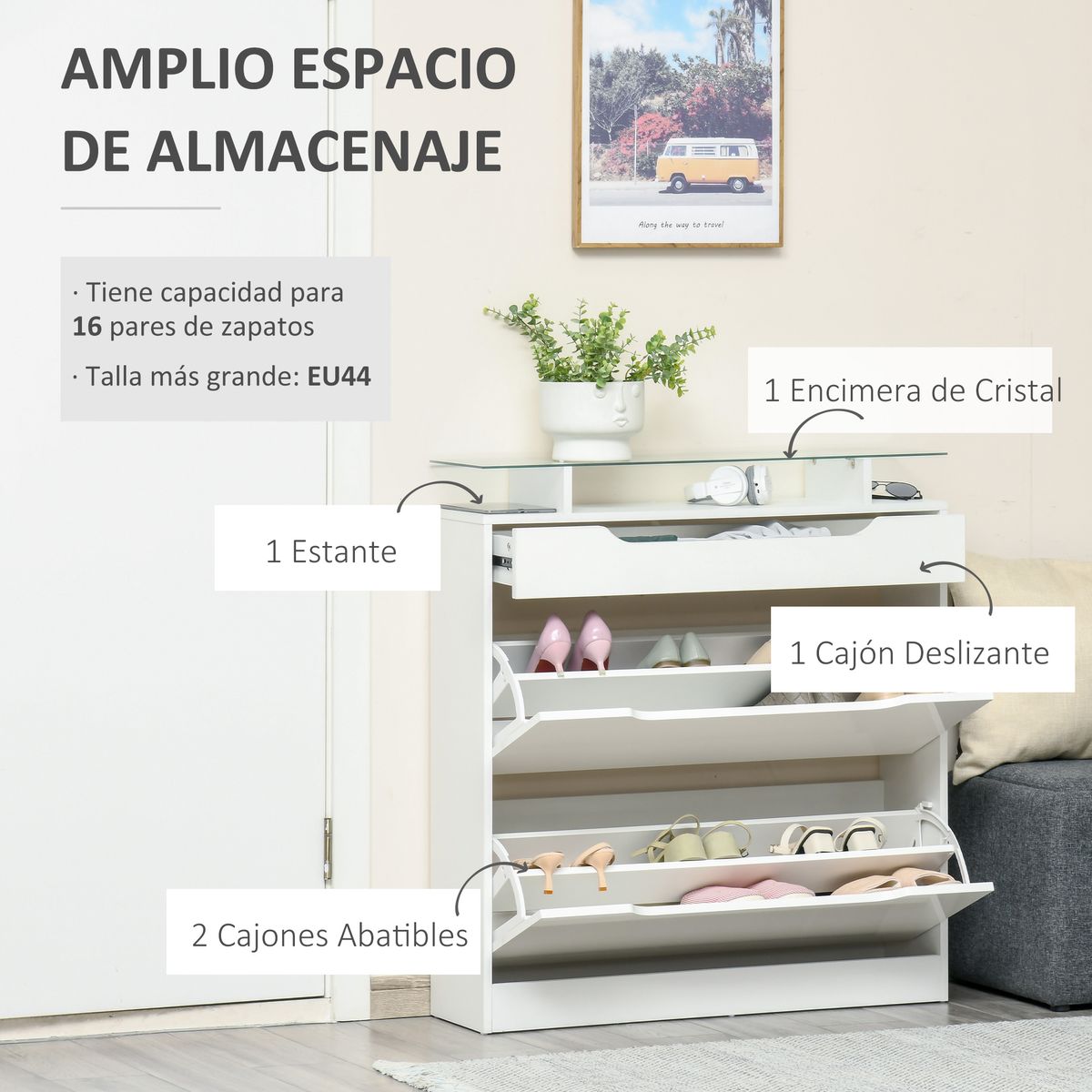 Zapatero Nordic Homcom 2 puertas con cajón blanco 96x89x23 cm