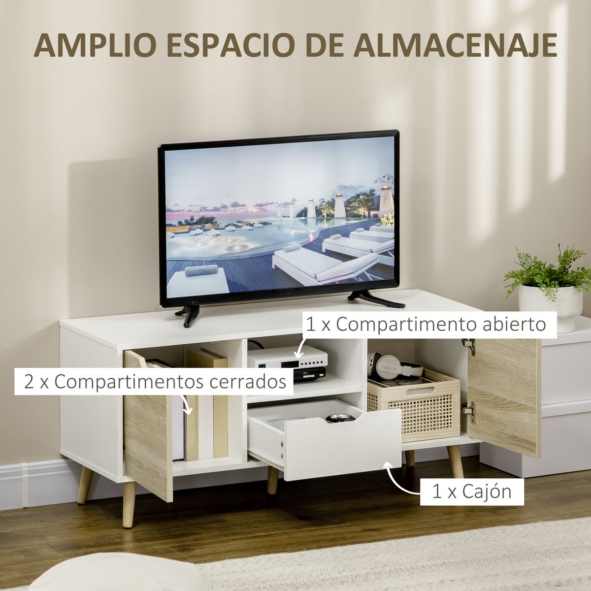 Mueble de TV Baleno cajón + 2 puertas + estante blanco/natural 50x110x40 cm
