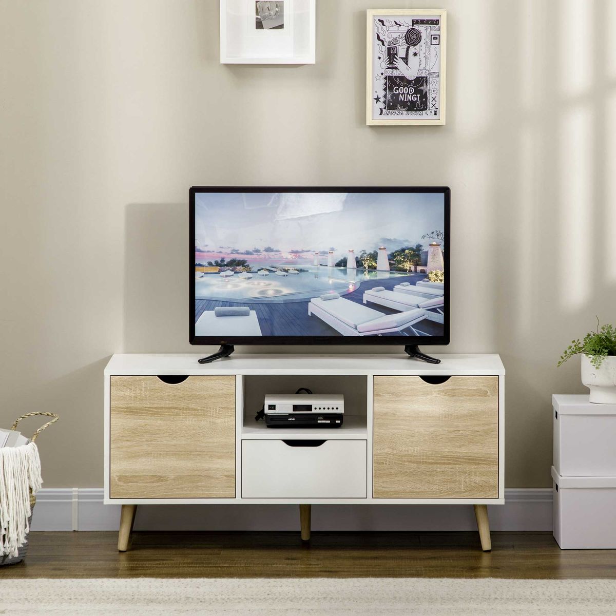 Mueble de TV Baleno cajón + 2 puertas + estante blanco/natural 50x110x40 cm