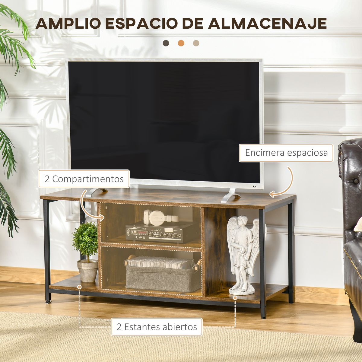 Mueble para TV Habu Homcom 4 compartimentos marrón oscuro 50x110x40 cm medidas