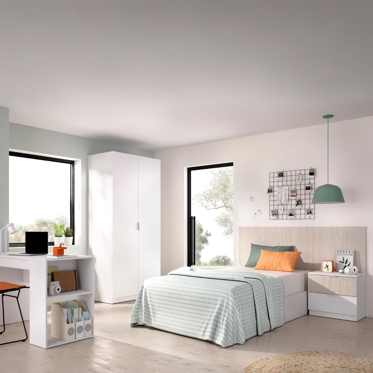 Conjunto-de-dormitorio-Lion-Pack-1-cabecero---mesita---escritorio---armario-natural-blanco-animada