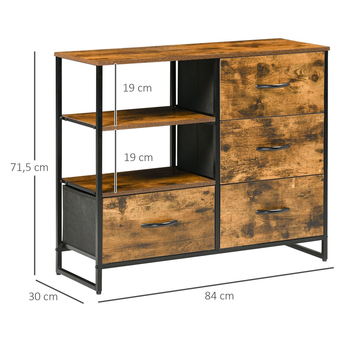 Aparador Évora Homcom 4 cajones de tela + 2 estantes marrón oscuro 71,5x84x30 cm