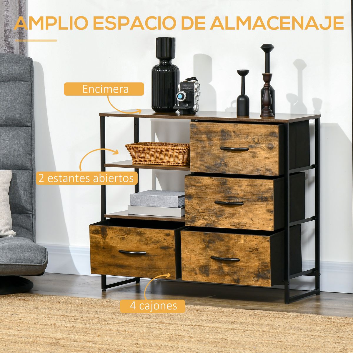 Aparador Évora Homcom 4 cajones de tela + 2 estantes marrón oscuro 71,5x84x30 cm