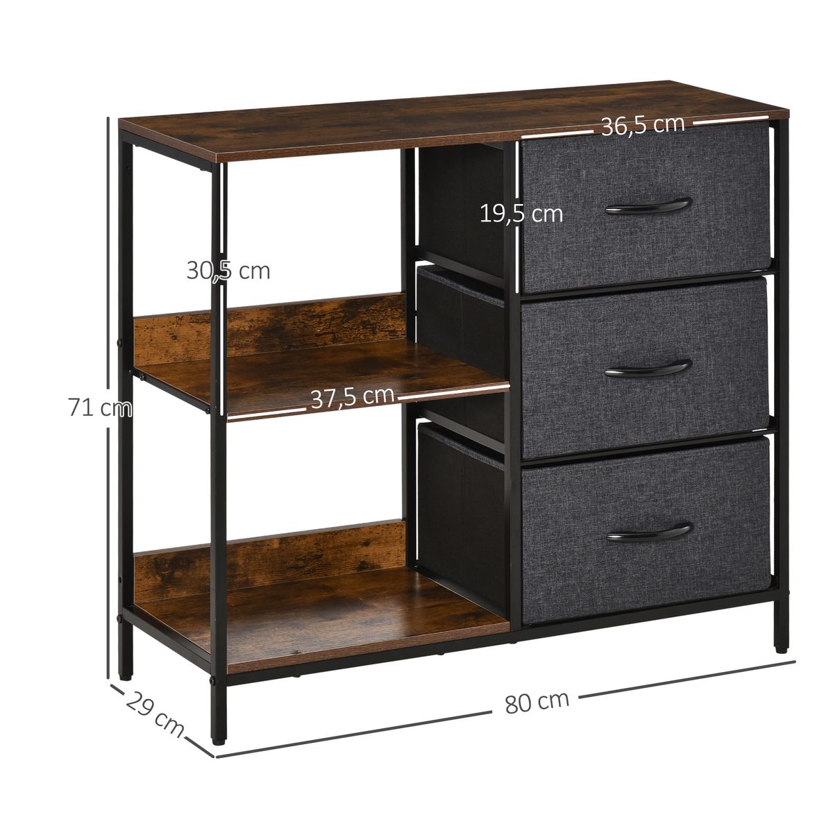 Cómoda Scala Homcom 3 cajones + 2 estantes marrón/gris 71x80x29 cm