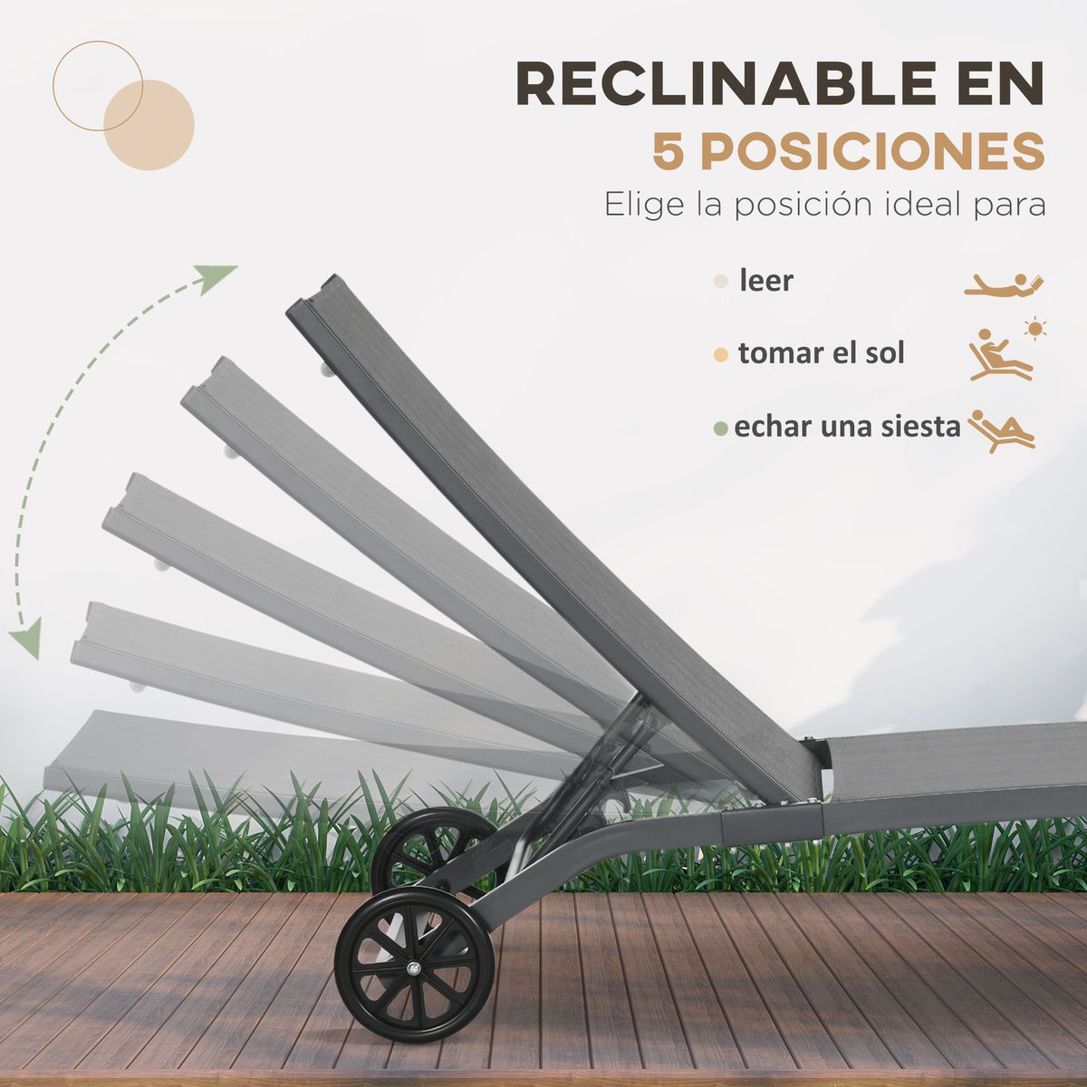 Pack de 2 tumbonas Lucas Outsunny reclinables con ruedas gris oscuro 102x165x66 cm