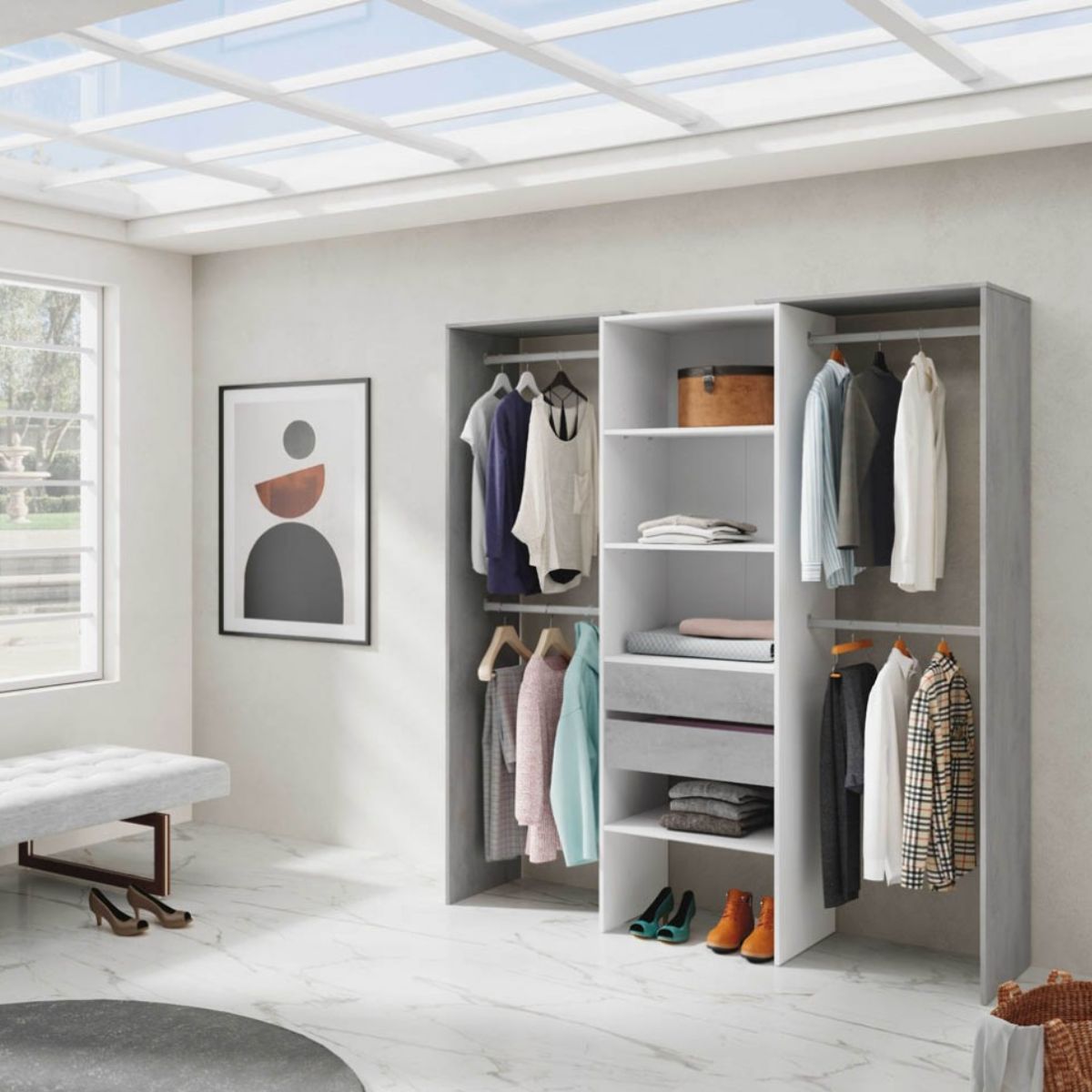 Armario-vestidor-Drest-4-barras-para-colgar---4-estantes---2-cajones-blanco-202x179x50-cm
