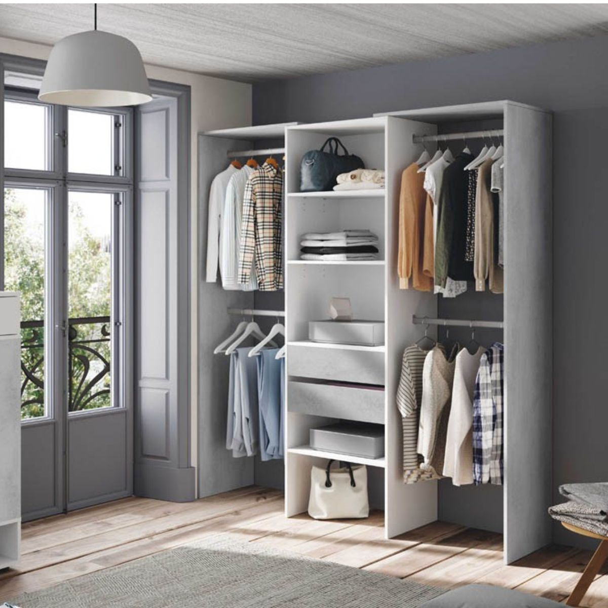 Armario-vestidor-Drest-4-barras-para-colgar---4-estantes---2-cajones-blanco-202x179x50-cm