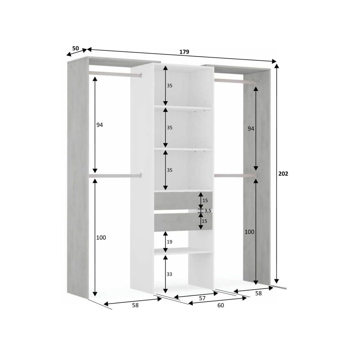 Armario-vestidor-Drest-4-barras-para-colgar---4-estantes---2-cajones-blanco-202x179x50-cm