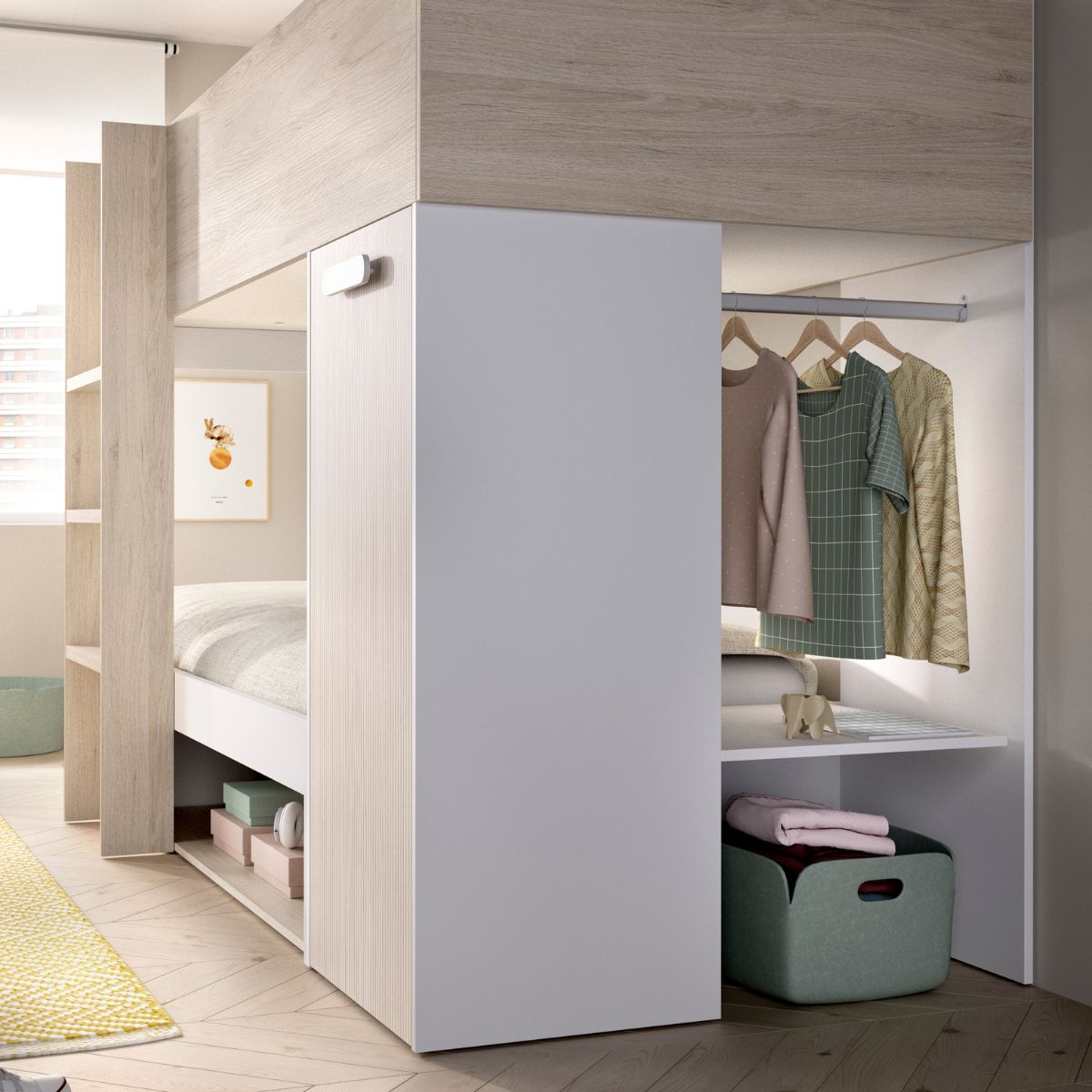 Cama-tren-Kos-2-camas---armario---cajon---2-compartimentos---barra-natural-150x246x112-cm