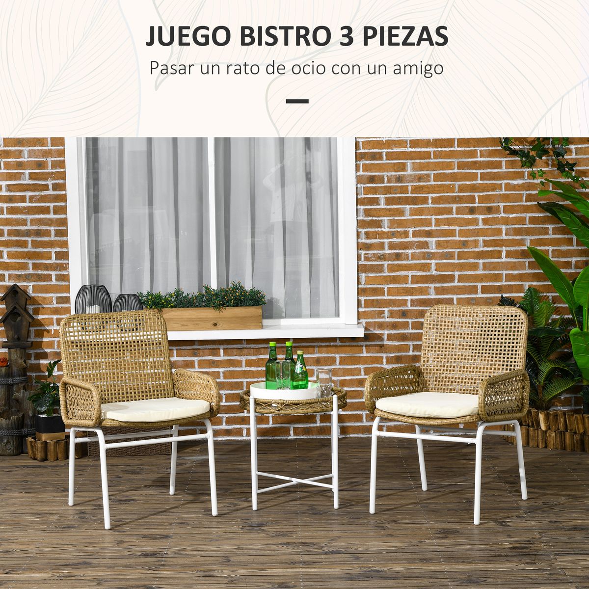 Conjunto de jardín Milán Outsunny 2 sillas + mesa natural
