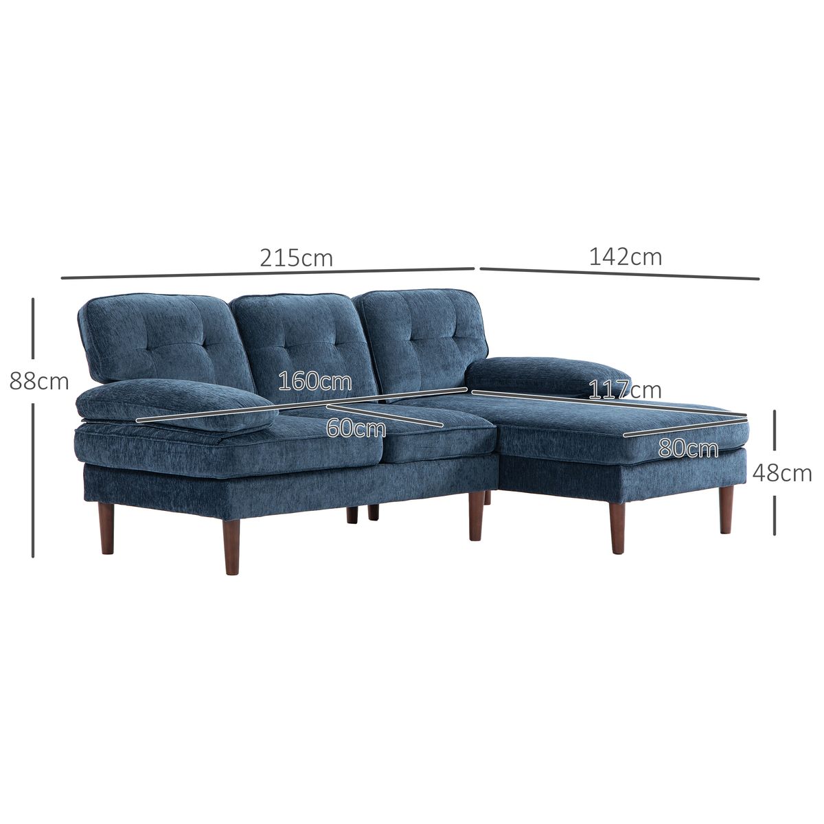 Sofá chaiselongue Tanger Homcom tapizado azul 88x215x142 cm