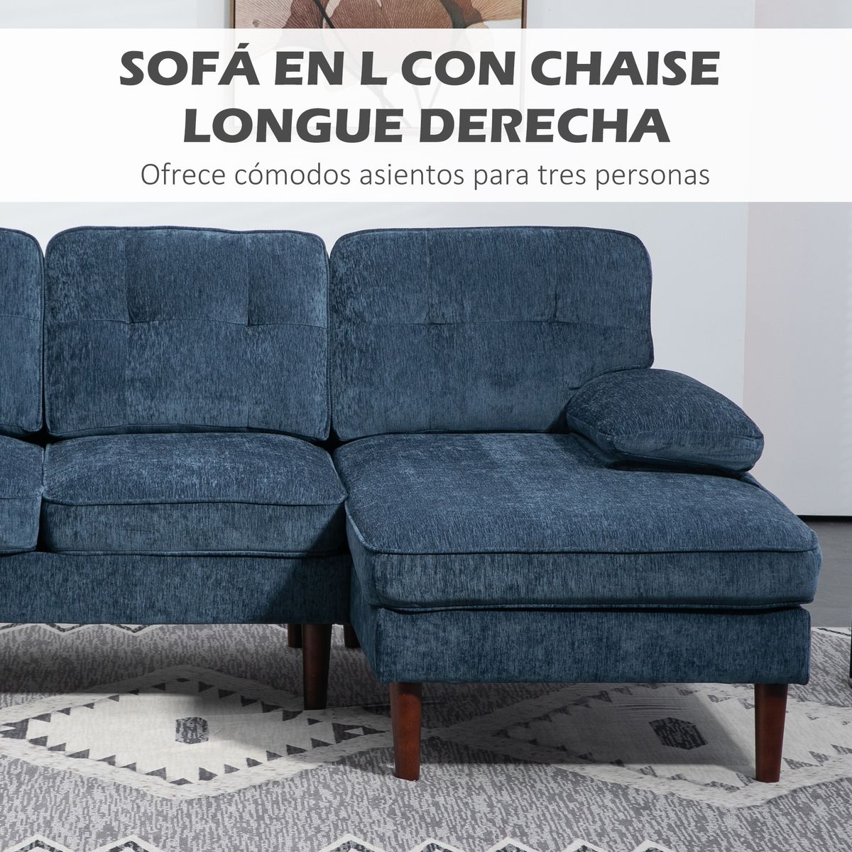 Sofá chaiselongue Tanger Homcom tapizado azul 88x215x142 cm
