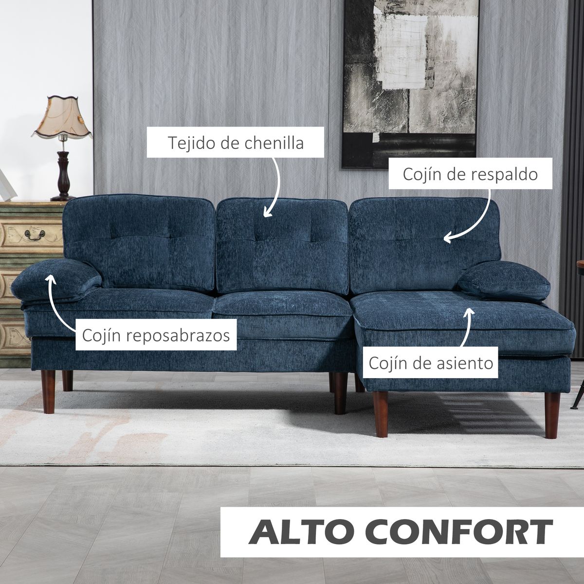 Sofá chaiselongue Tanger Homcom tapizado azul 88x215x142 cm