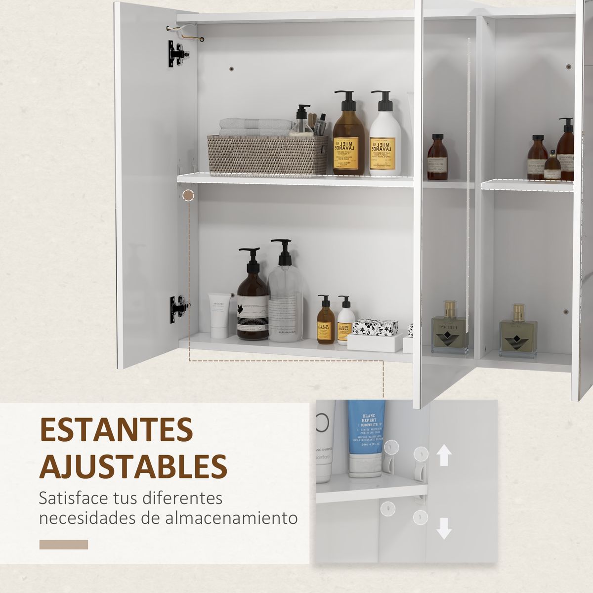 Armario con espejo Aldeia Kleankin 3 puertas con estantes blanco brillo 70x90x15 cm