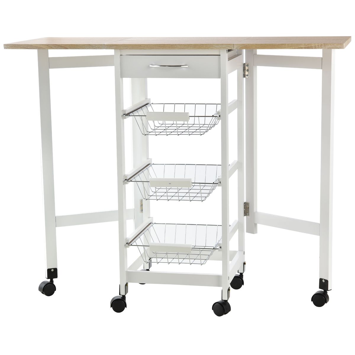 Carrito auxiliar Tucán Homcom 1 cajón + 3 cestas + 6 ruedas plegable blanco/roble 77,5x97,2x37 cm