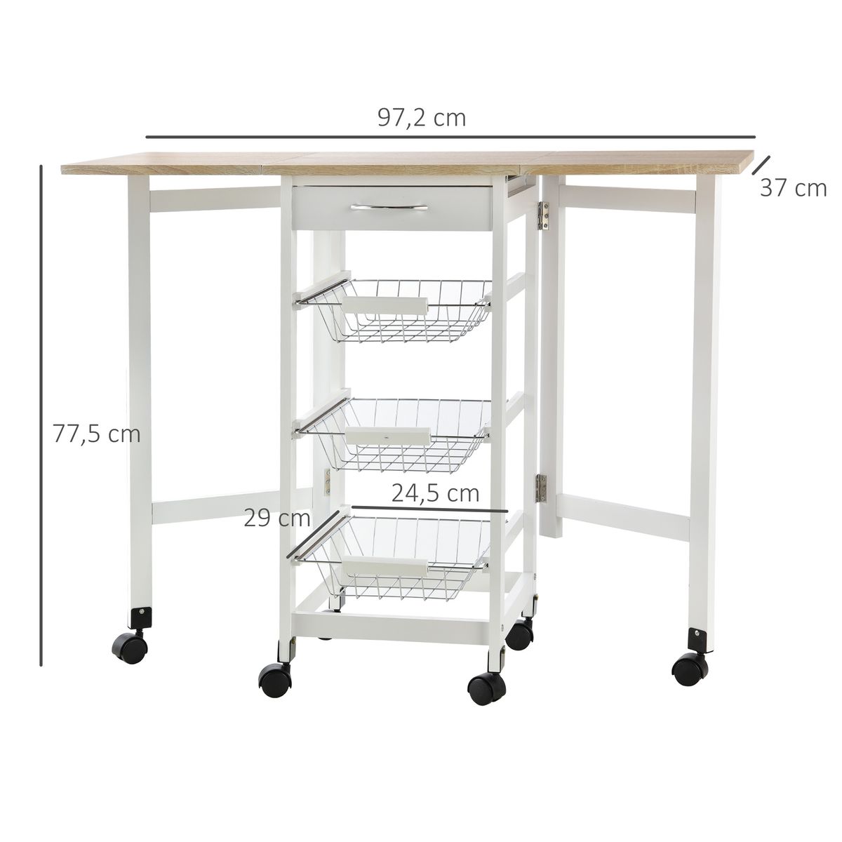 Carrito auxiliar Tucán Homcom 1 cajón + 3 cestas + 6 ruedas plegable blanco/roble 77,5x97,2x37 cm