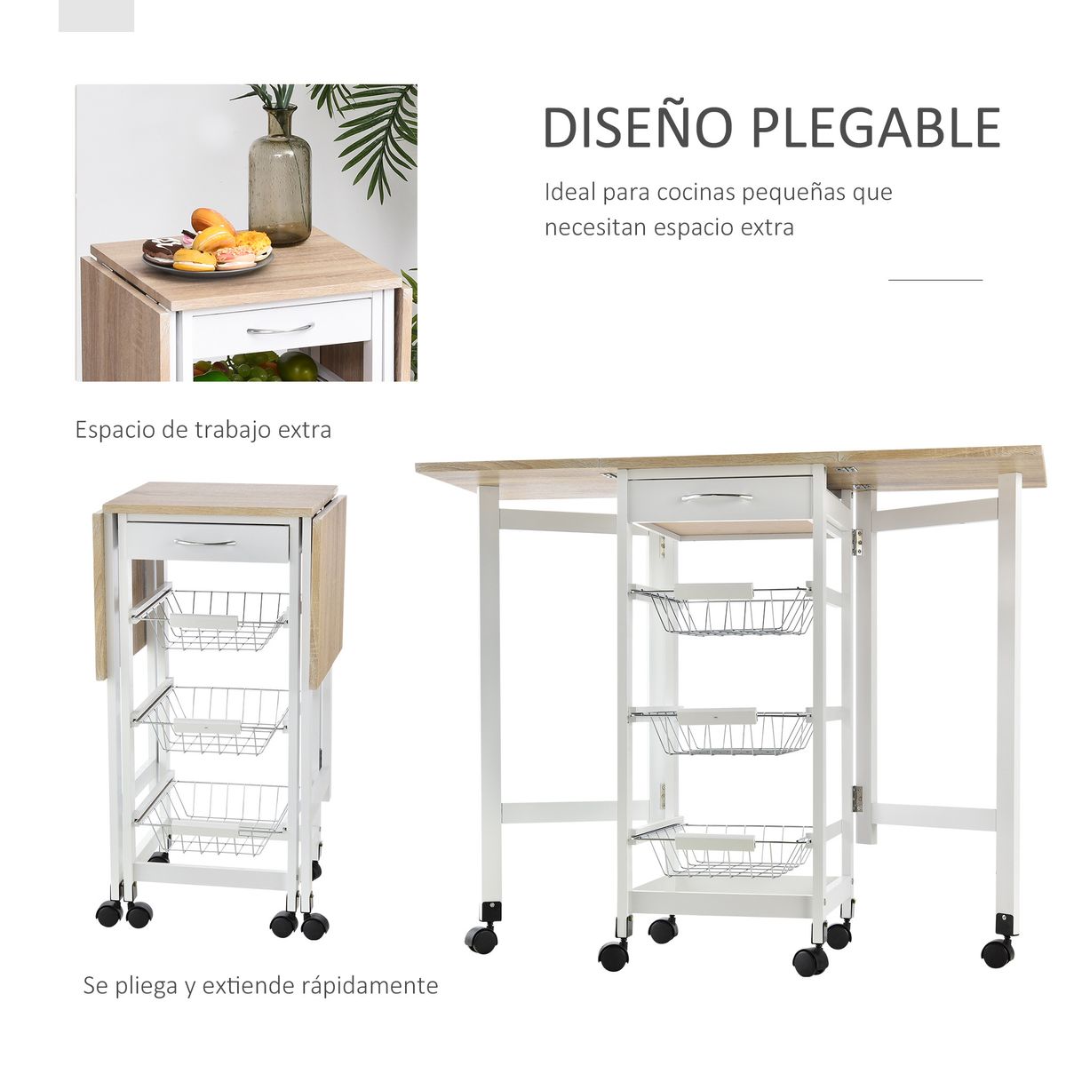 Carrito auxiliar Tucán Homcom 1 cajón + 3 cestas + 6 ruedas plegable blanco/roble 77,5x97,2x37 cm