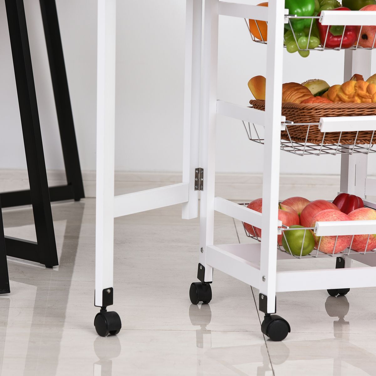 Carrito auxiliar Tucán Homcom 1 cajón + 3 cestas + 6 ruedas plegable blanco/roble 77,5x97,2x37 cm