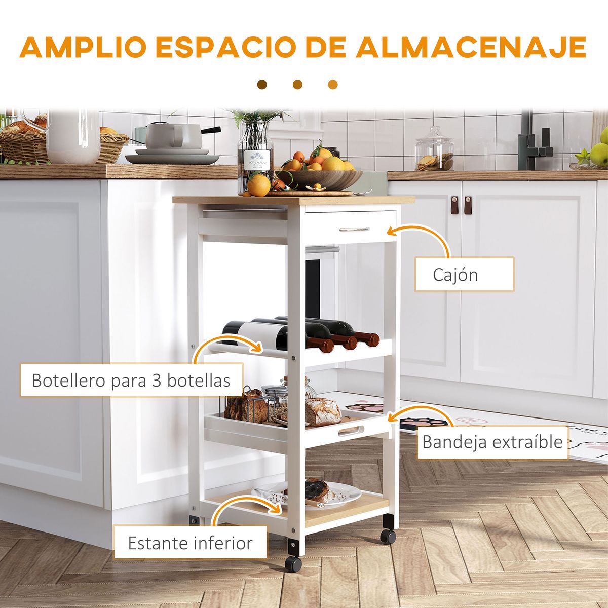 Carrito auxiliar Colibrí Homcom 4 niveles con ruedas blanco 76x37x37 cm