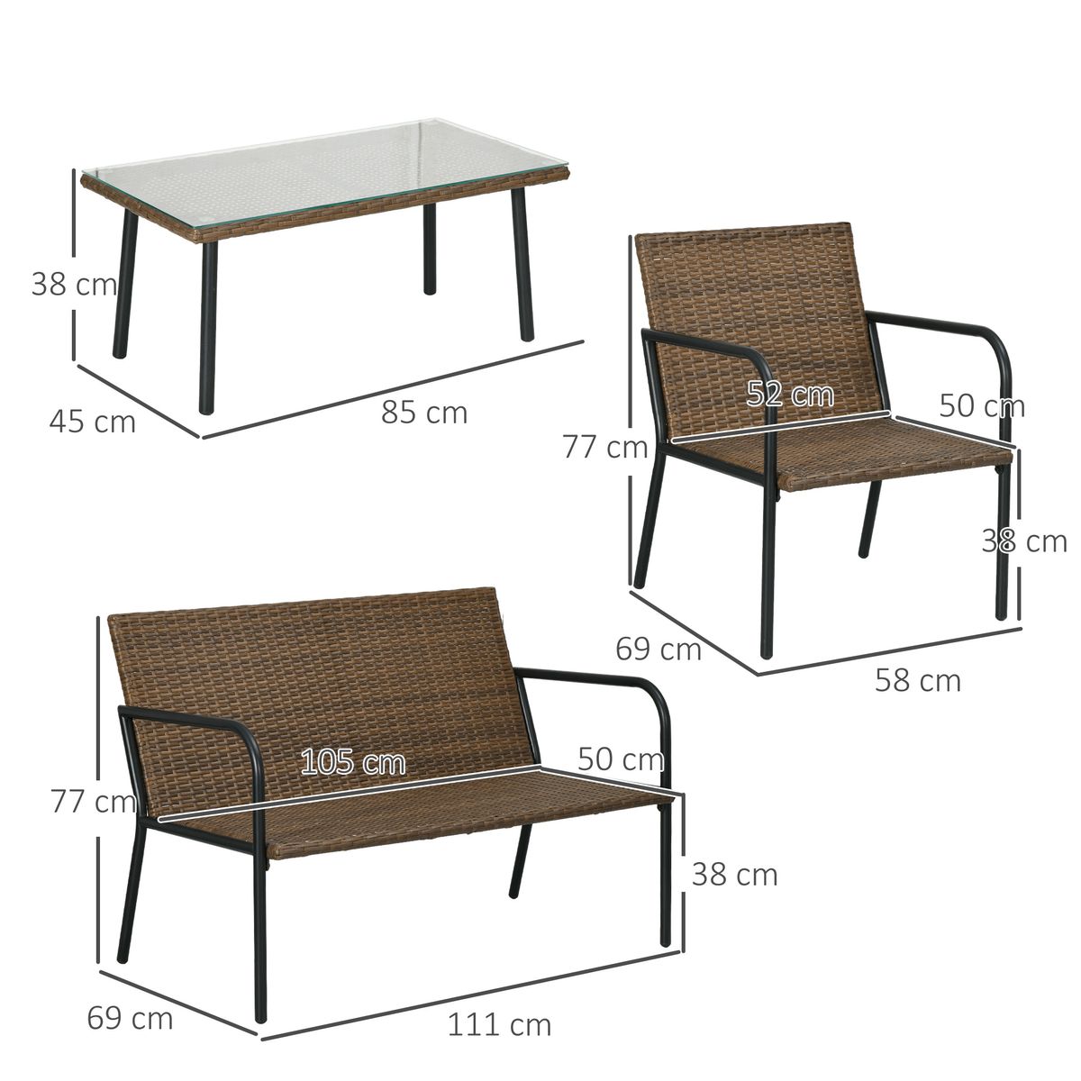 Conjunto de jardín Chill Outsunny 2 sillones + sofá + mesa marrón/negro