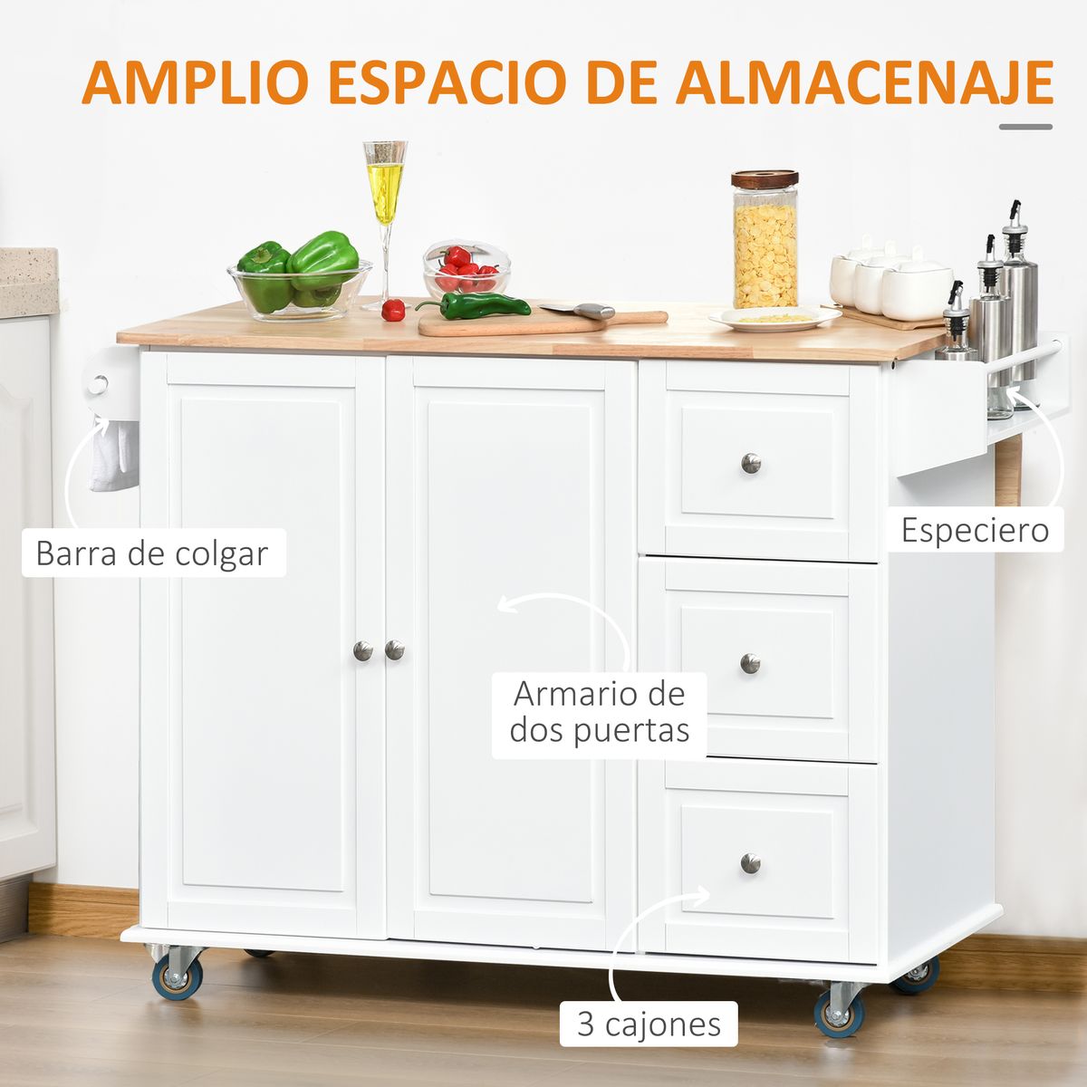 Isla de cocina Kalos Homcom extensible con ruedas blanco 92,5x128,8x75,5 cm