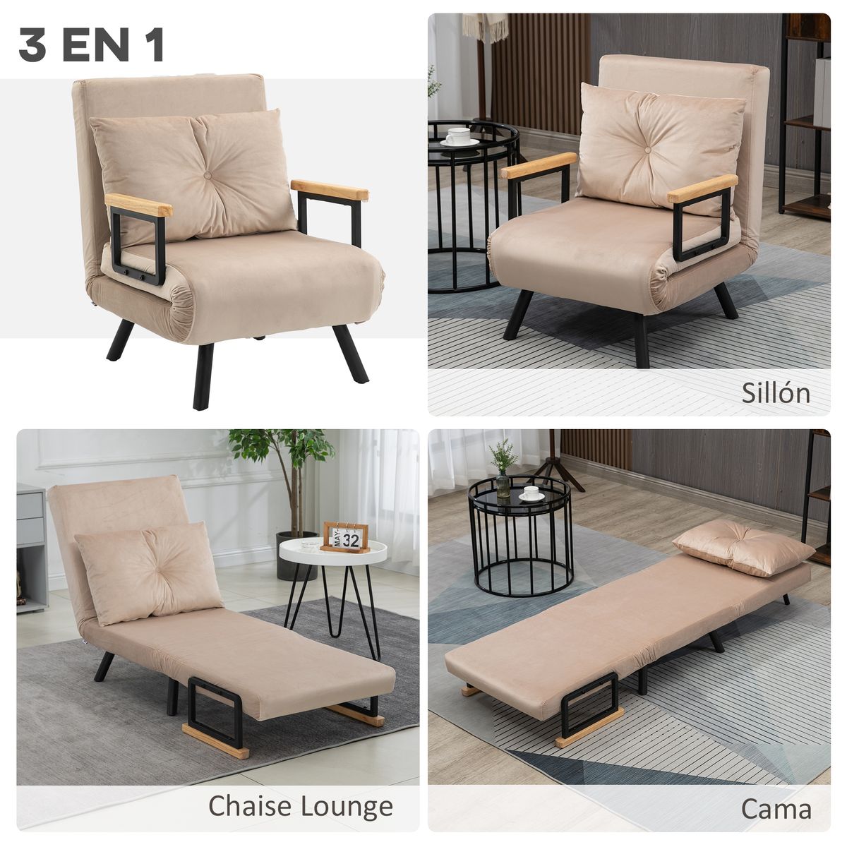 Sillón cama Prince Homcom ajustable 5 niveles beige 81x63x73 cm