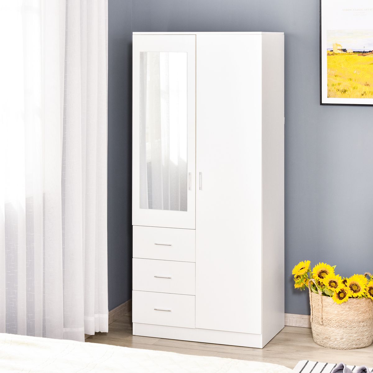 Armario Tasti Homcom 2 puertas con espejo + 3 cajones blanco 180x80x50 cm