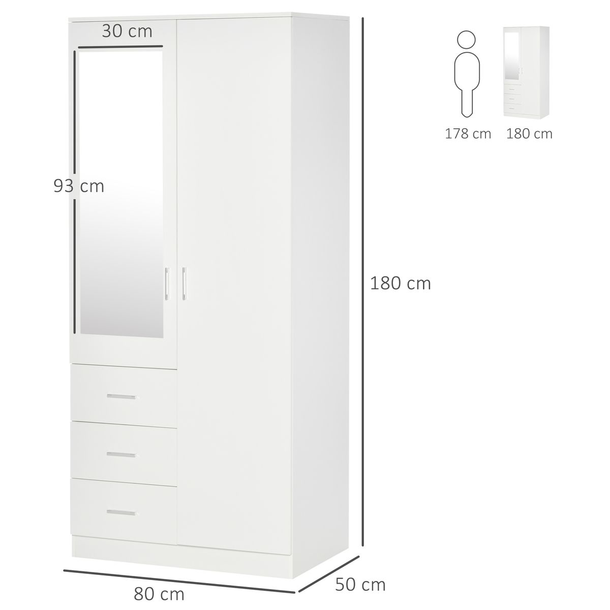 Armario Tasti Homcom 2 puertas con espejo + 3 cajones blanco 180x80x50 cm