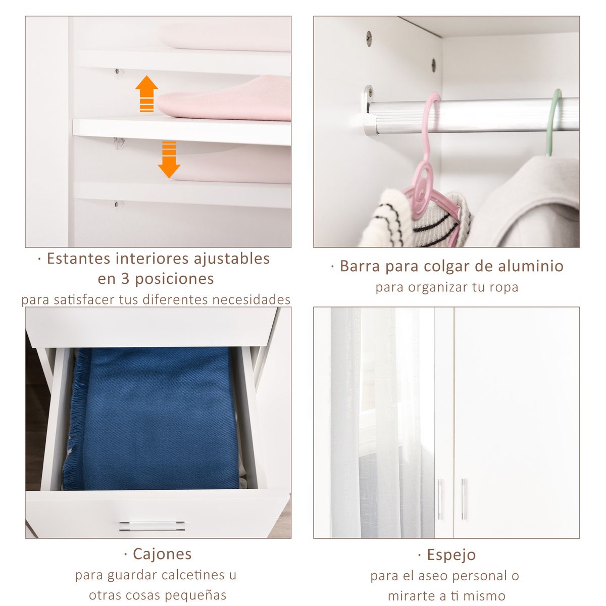 Armario Tasti Homcom 2 puertas con espejo + 3 cajones blanco 180x80x50 cm