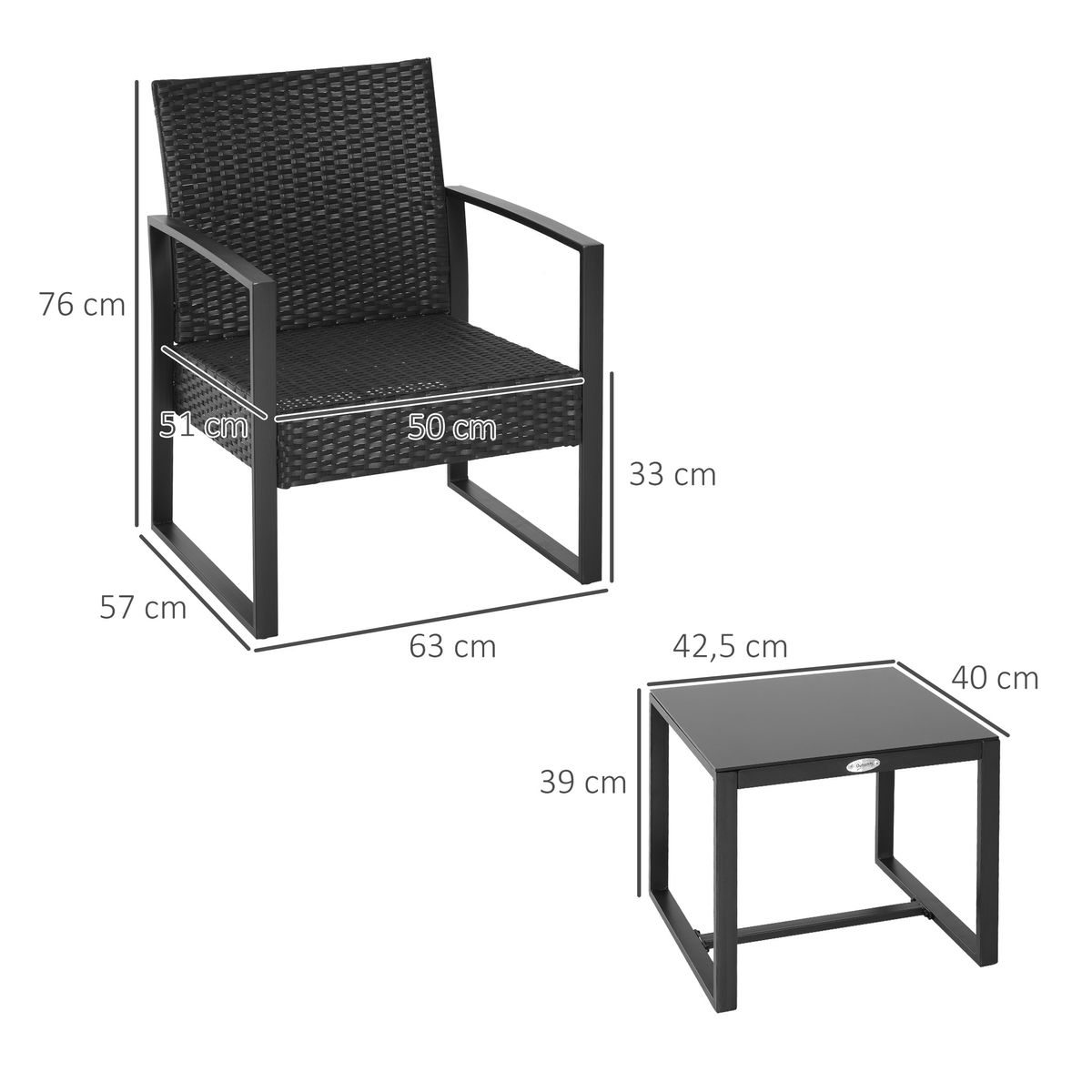 Conjunto de exterior Mar Outsunny mesa + 2 sillones negro