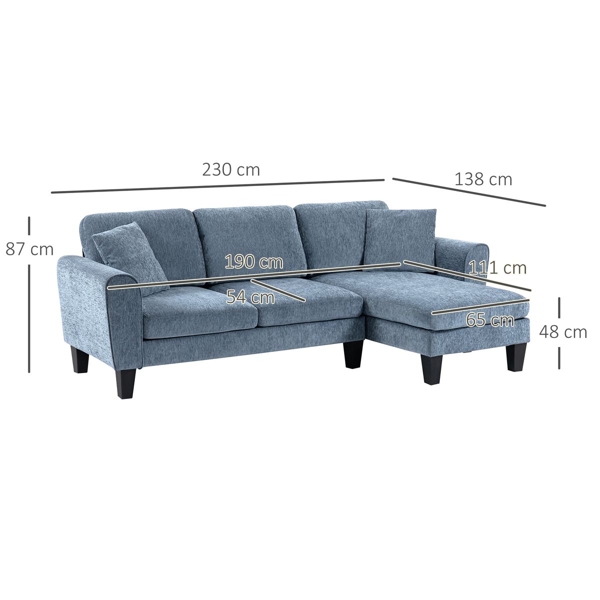 Sofá chaiselongue Diva Homcom 3 plazas reversible azul oscuro 87x230x138 cm