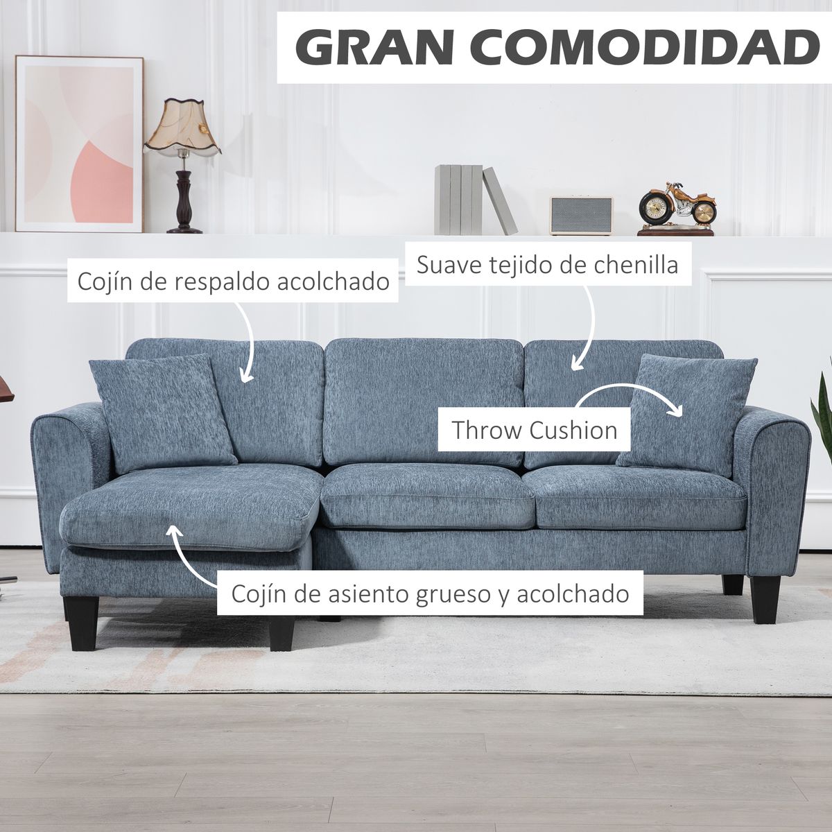Sofá chaiselongue Diva Homcom 3 plazas reversible azul oscuro 87x230x138 cm