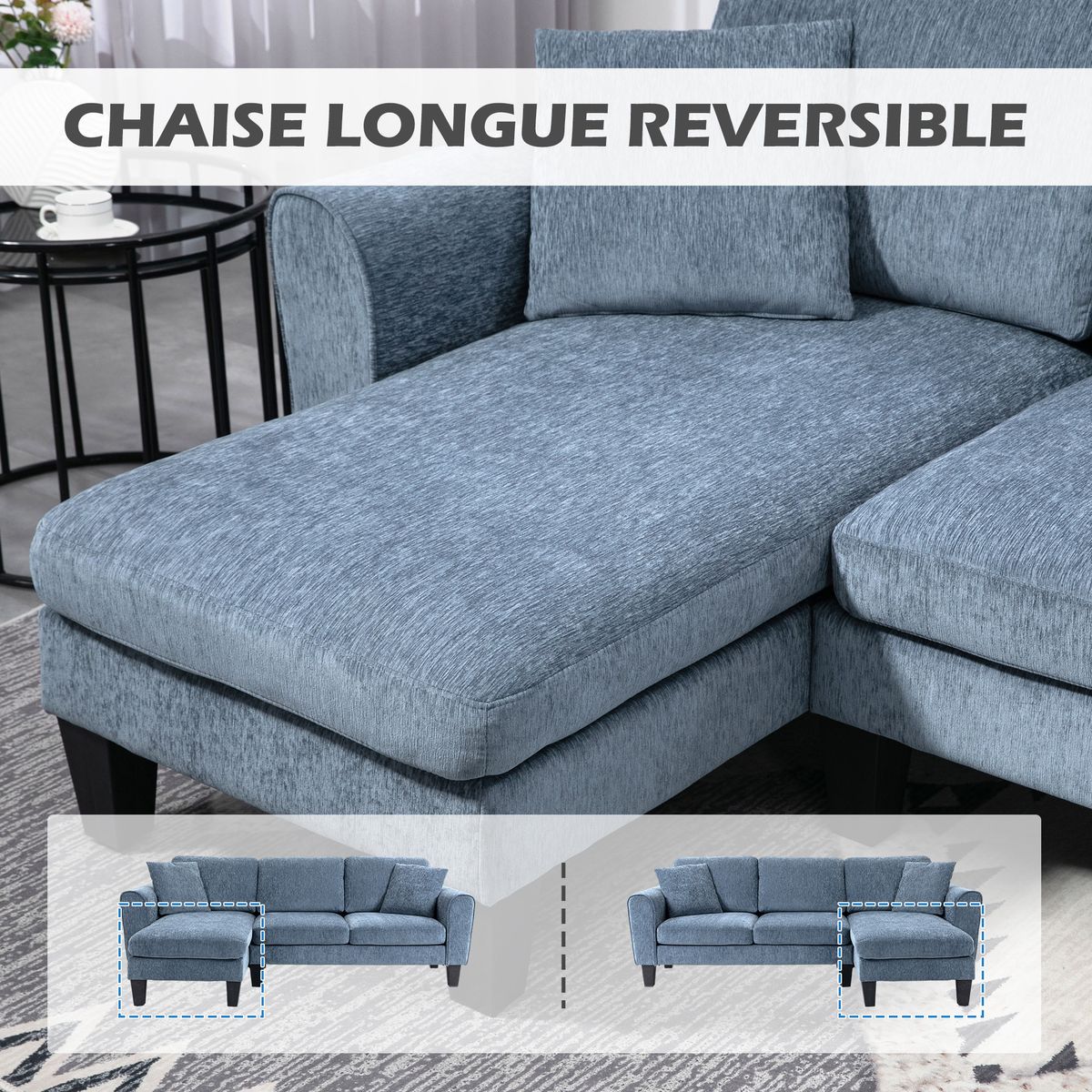 Sofá chaiselongue Diva Homcom 3 plazas reversible azul oscuro 87x230x138 cm