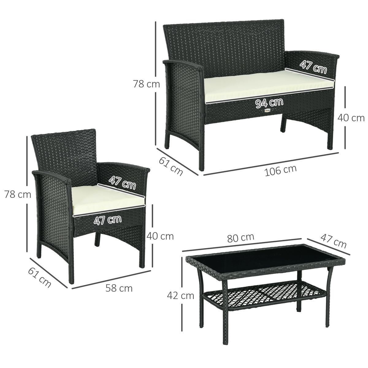 Conjunto de jardín Koshi Outsunny 3 sillones + 1 mesa negro/crema 3