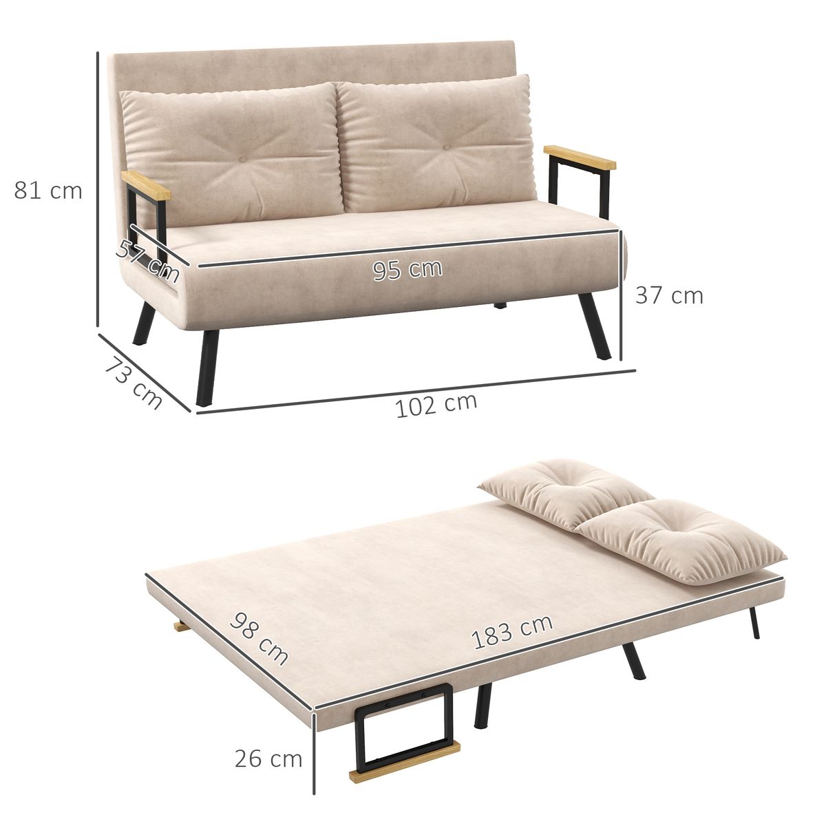 Sofá cama Mangata Homcom 3 en 1 respaldo ajustable beige 81x102x73 cm