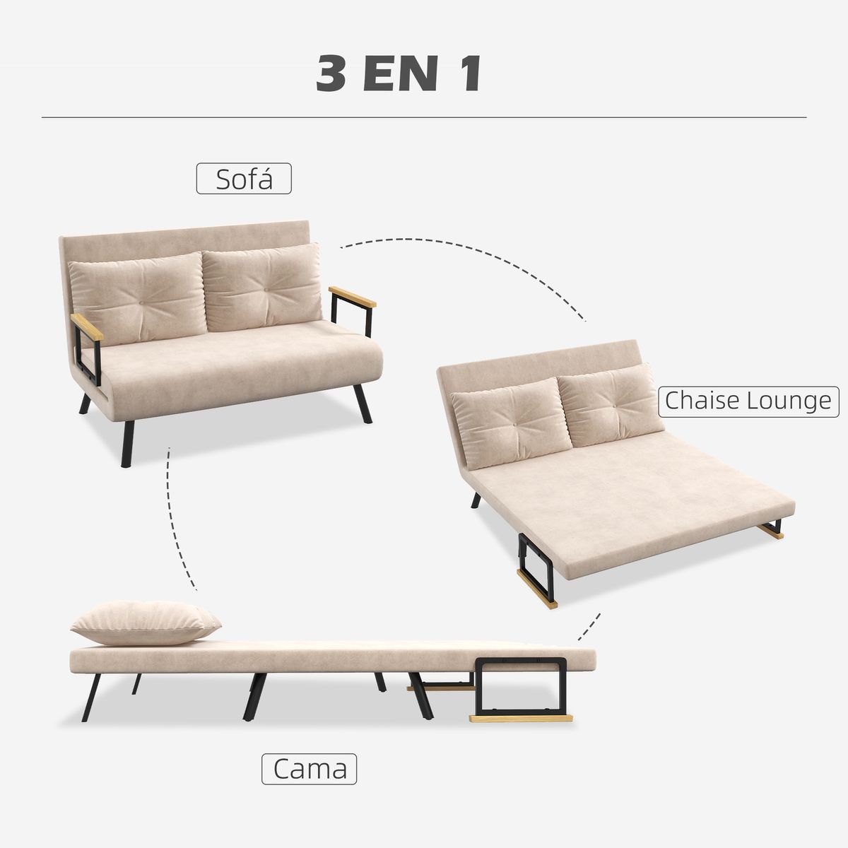 Sofá cama Mangata Homcom 3 en 1 respaldo ajustable beige 81x102x73 cm